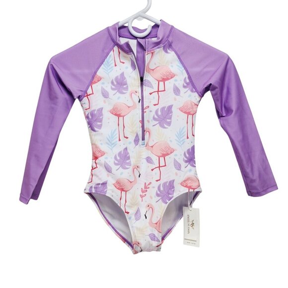 Angel Season Girls Long Sleeve UV One Piece Flamingo Swimsuit Size 7 Years - Picture 1 of 8